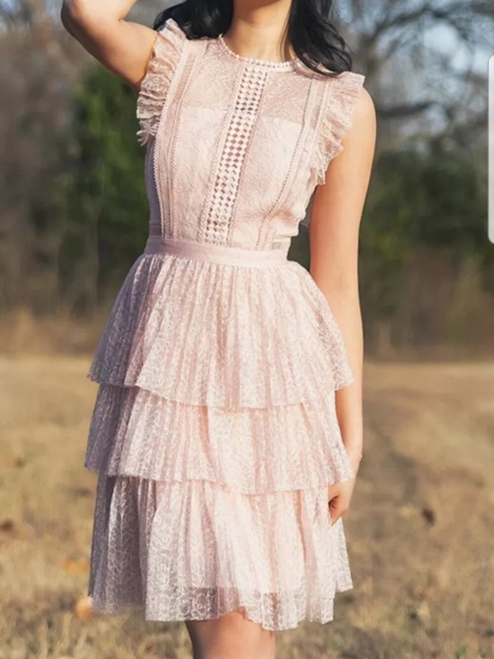 Heartloom NWT Dusty rose pink lace pleated tiered layer ruffle peplum dress M